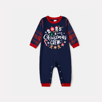 Chic und Stil | "2025 Santa Crew" Text and Santa Hat Prints Blue Long Sleeve Top with Red and Blue Checkered Pants Christmas Matching Pyjamas