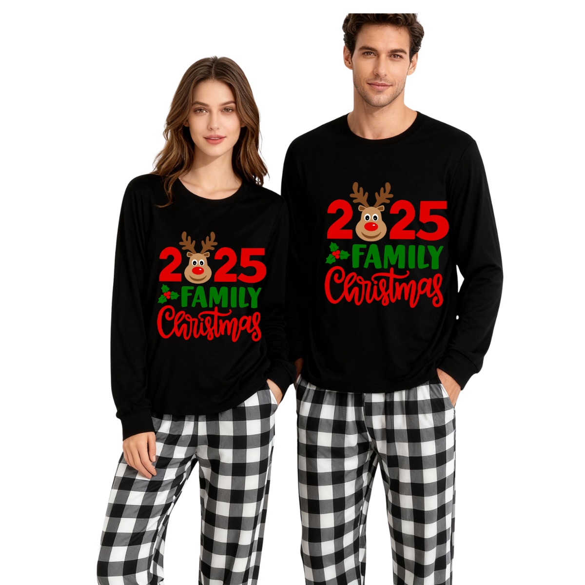 Chic und Stil | "2025 Family Christmas" Moose Letter Print Black Long Sleeve Top with Black and White Checkered Pants Family Matching Pajamas