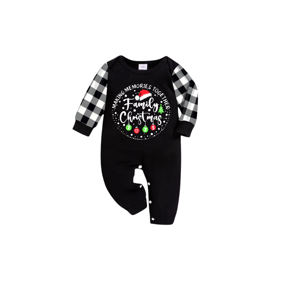 Chic und Stil | Shared Memories Family Christmas 2025 Pajama Set - Black Top Black and White Checkered Pants White Text Graphic