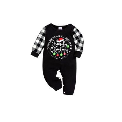 Chic und Stil | Shared Memories Family Christmas 2025 Pajama Set - Black Top Black and White Checkered Pants White Text Graphic