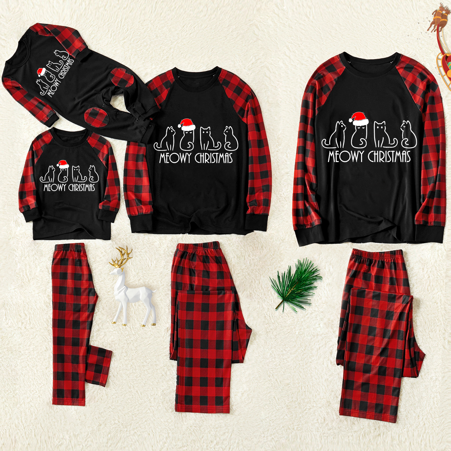 Chic und Stil | Christmas Cartoon Cat Pattern "Meowy Christmas" Contrast Top and Black & Red Checked Pants Family Matching Pajama Set