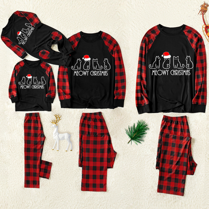 Chic und Stil | Christmas Cartoon Cat Pattern "Meowy Christmas" Contrast Top and Black & Red Checked Pants Family Matching Pajama Set