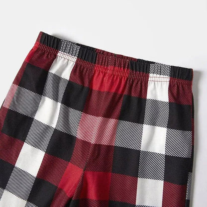 Chic und Stil | Santa Claus print pattern casual long sleeve sweatshirts contrast tops and red & black & white checked pants family matching pajama set with pet bandana