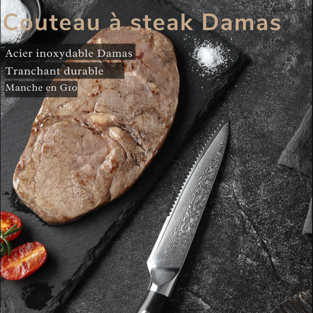 Ensemble de 6 Couteaux à Steak en Acier Damas à Lame Dentée - ChicUndStil