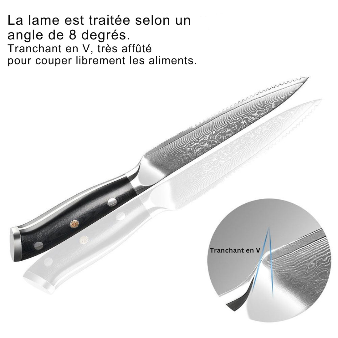 Ensemble de 6 Couteaux à Steak en Acier Damas à Lame Dentée - ChicUndStil