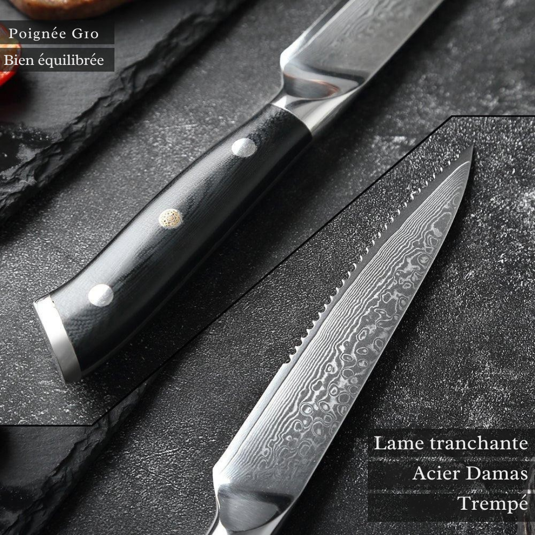 Ensemble de 6 Couteaux à Steak en Acier Damas à Lame Dentée - ChicUndStil