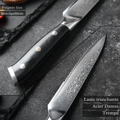Ensemble de 6 Couteaux à Steak en Acier Damas à Lame Dentée - ChicUndStil