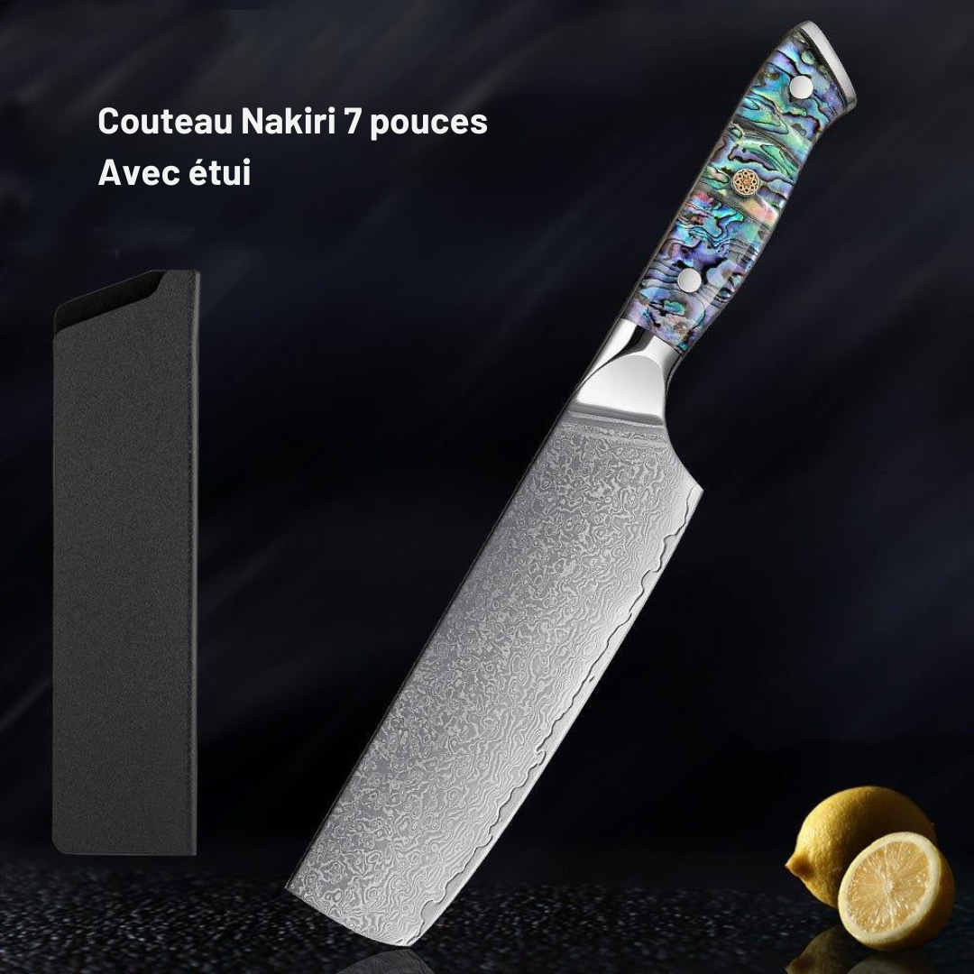 Couteau de Chef Nakiri 7”, Lame en Damas et Poignée en Coquille d'Abalone - ChicUndStil