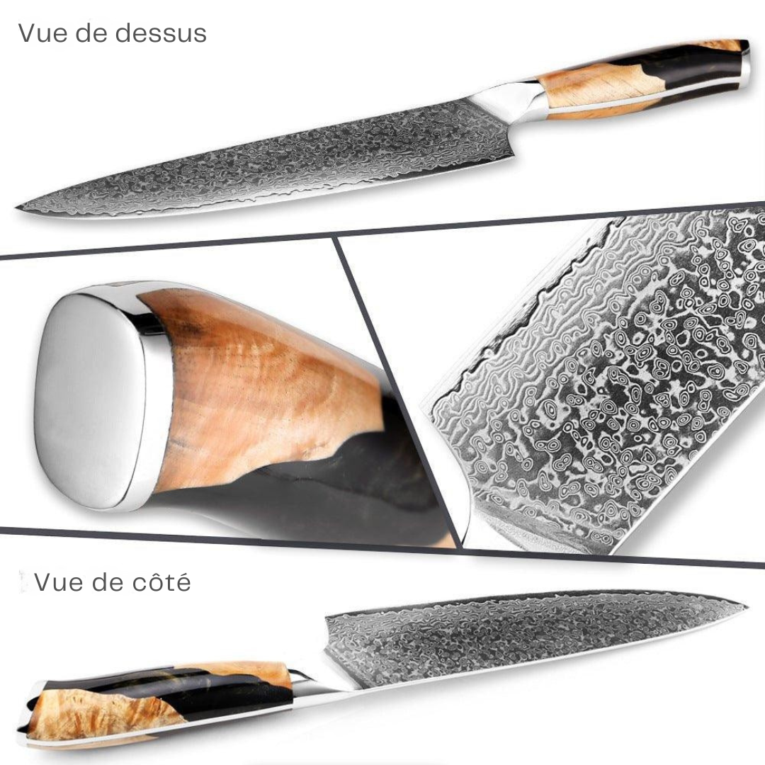 Couteau de Chef Japonais en Acier Damas de 8 Pouces avec Poignée en Bois Stabilisé Résine - ChicUndStil