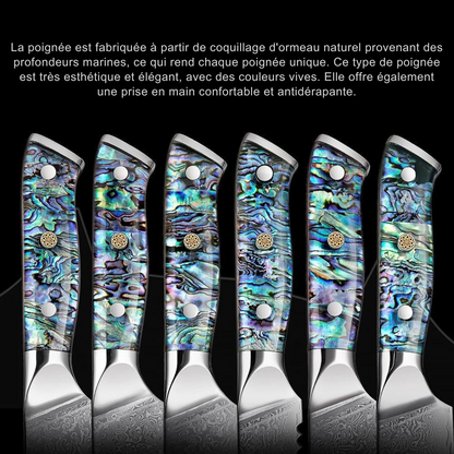 Couteau de Chef Nakiri 7”, Lame en Damas et Poignée en Coquille d'Abalone - ChicUndStil