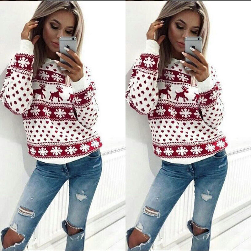 Pull confortable de Noël pour femmes avec motif flocons de neige et renne Chic und Stil