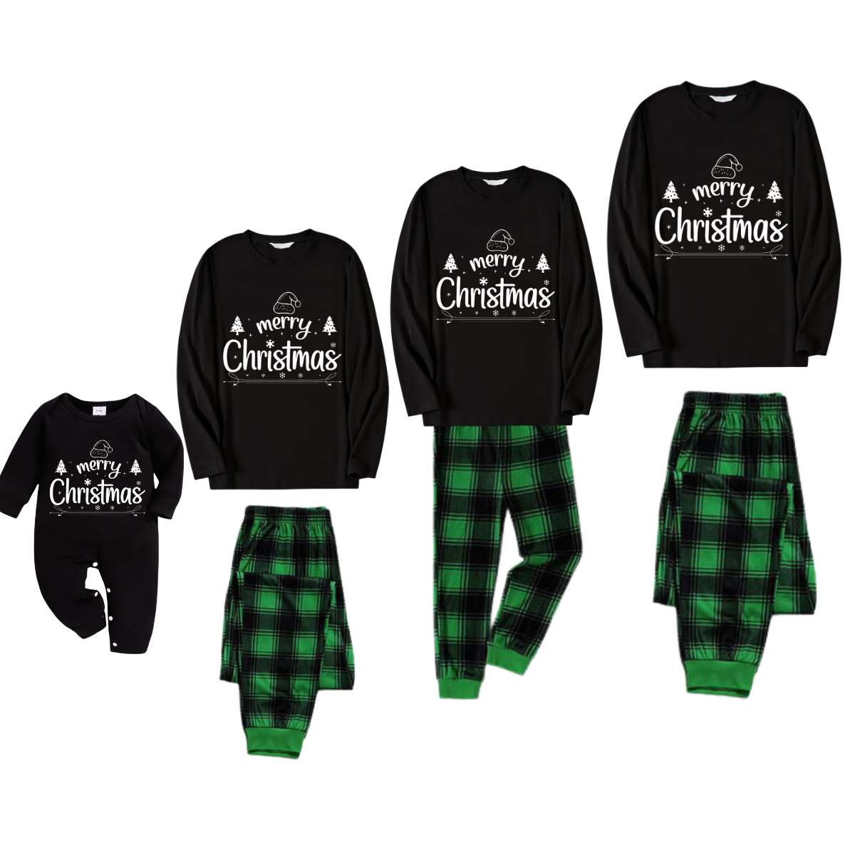 Chic und Stil | "Merry Christmas" White Letter 2025 Black Long Sleeve Top with Black and Green Checkered Pants Family Matching Pajamas