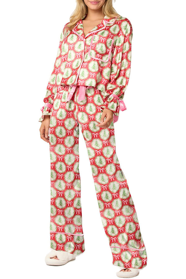 Chic und Stil | Christmas Printed Velvet Lacing Long Sleeve Bag Top and Elastic Waist Pants Set
