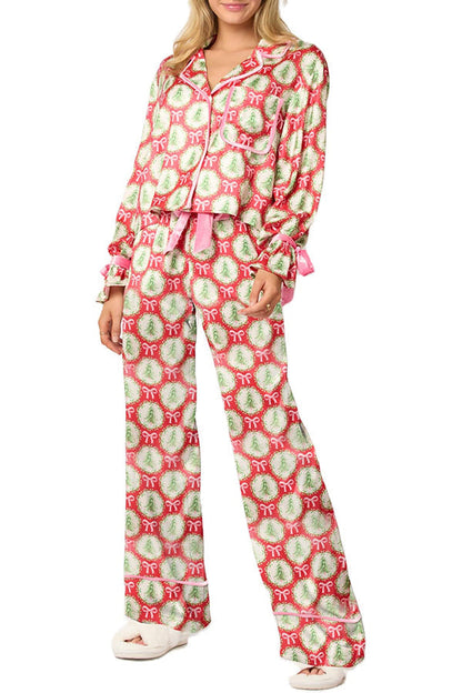 Chic und Stil | Christmas Printed Velvet Lacing Long Sleeve Bag Top and Elastic Waist Pants Set