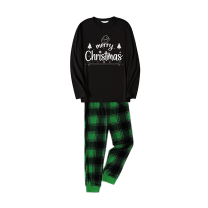Chic und Stil | "Merry Christmas" White Letter 2025 Black Long Sleeve Top with Black and Green Checkered Pants Family Matching Pajamas