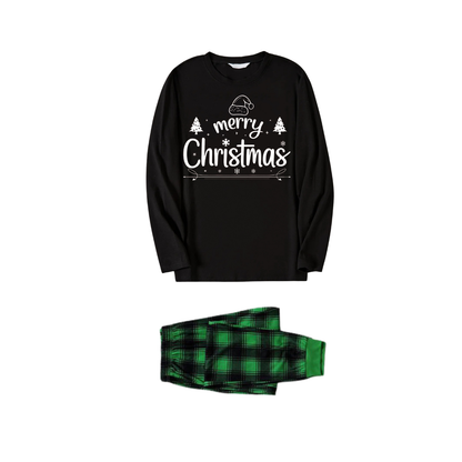 Chic und Stil | "Merry Christmas" White Letter 2025 Black Long Sleeve Top with Black and Green Checkered Pants Family Matching Pajamas