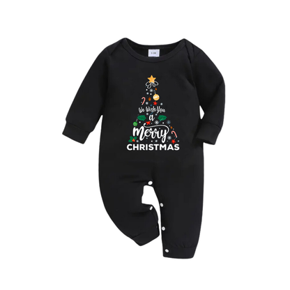 Chic und Stil | "We wish you a Merry Christmas" printed pattern black long-sleeve top with black and green checkered pants family matching pajamas
