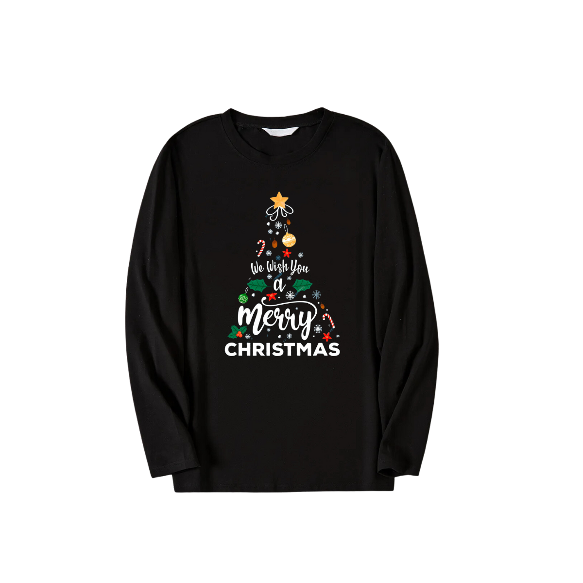 Chic und Stil | "We wish you a Merry Christmas" printed pattern black long-sleeve top with black and green checkered pants family matching pajamas