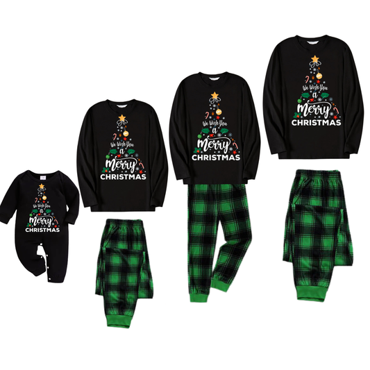 Chic und Stil | "We wish you a Merry Christmas" printed pattern black long-sleeve top with black and green checkered pants family matching pajamas
