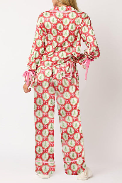 Chic und Stil | Christmas Printed Velvet Lacing Long Sleeve Bag Top and Elastic Waist Pants Set