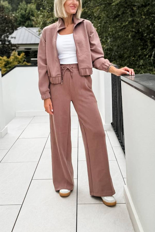 Chic und Stil | Sleek Full Zip Jacket and High Waist Elastic Waist Pockets Loose Fit Sweatpants Set
