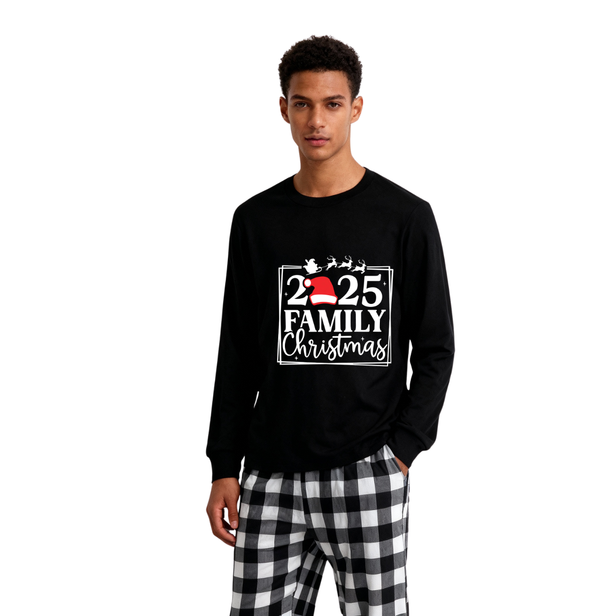 Chic und Stil | "2025 FAMILY CHRISTMAS" text and sled pattern - Black long sleeve top with black and white checkered pants family matching pajamas