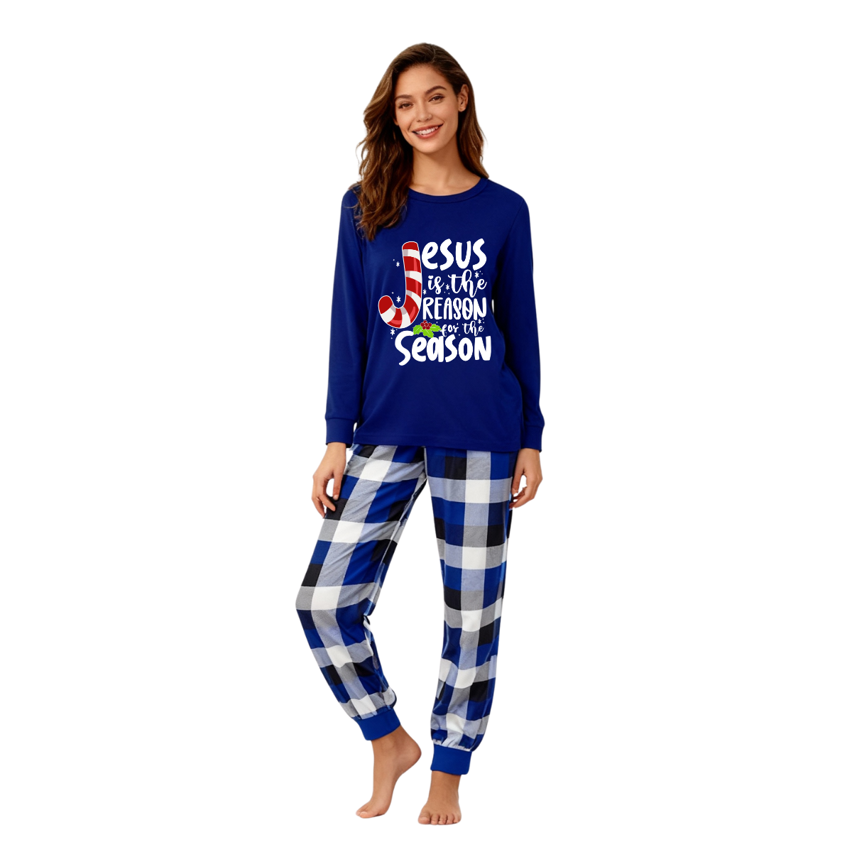 Chic und Stil | Christmas Jesus White Letters Print Contrast Blue Long Sleeve Shirt with Blue and White Checkered Pants Family Matching Pajamas