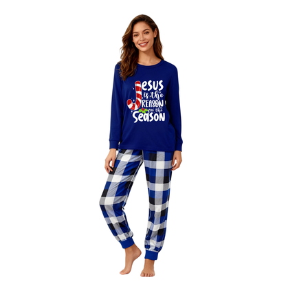 Chic und Stil | Christmas Jesus White Letters Print Contrast Blue Long Sleeve Shirt with Blue and White Checkered Pants Family Matching Pajamas