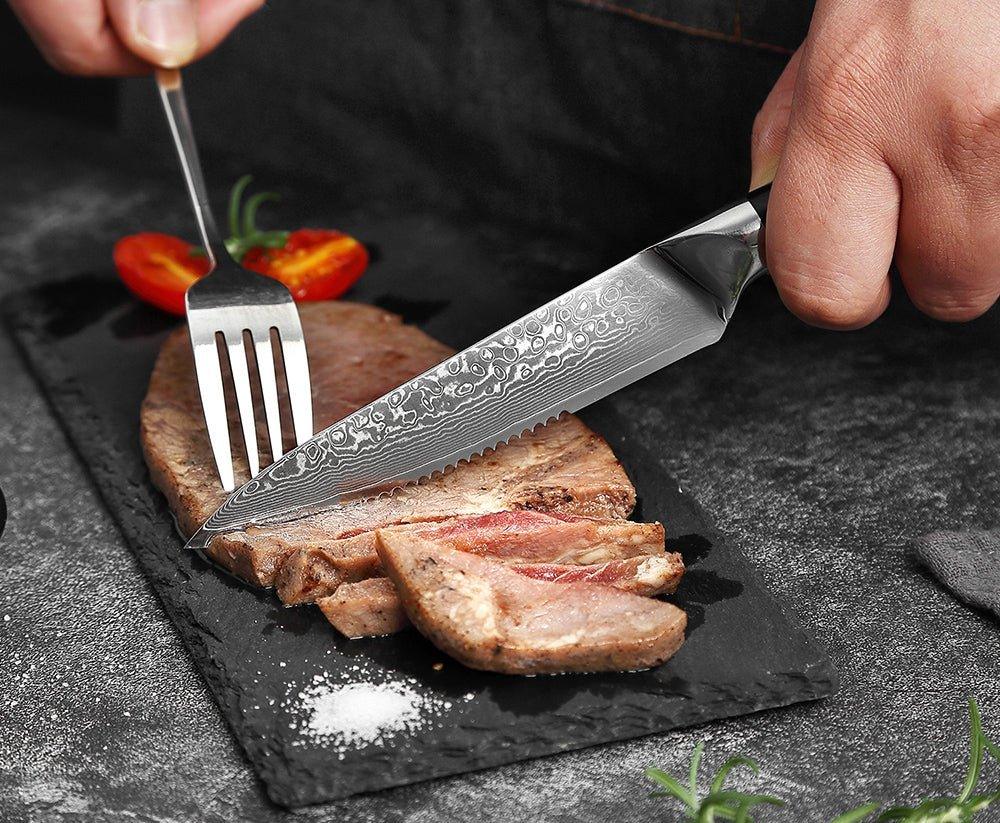 Ensemble de 6 Couteaux à Steak en Acier Damas à Lame Dentée - ChicUndStil