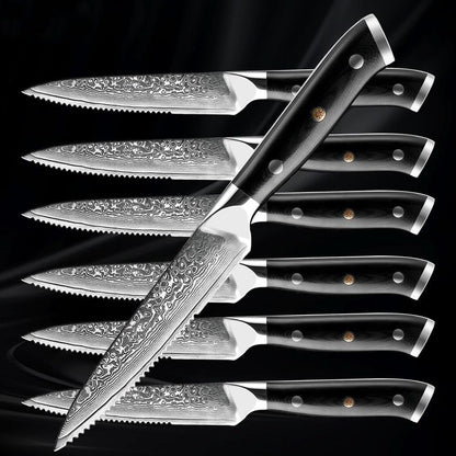 Ensemble de 6 Couteaux à Steak en Acier Damas à Lame Dentée - ChicUndStil