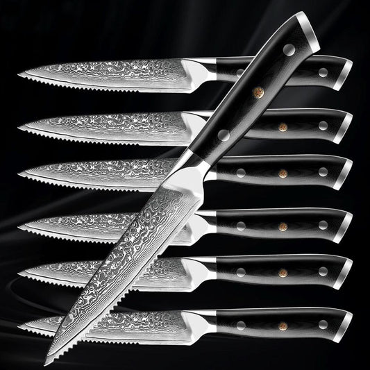 Ensemble de 6 Couteaux à Steak en Acier Damas à Lame Dentée - ChicUndStil
