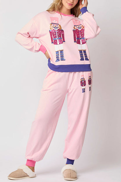 Chic und Stil | Santa Claus Sequin Casual Sweatshirt and Elastic Waist Loose Pocket Pants Set