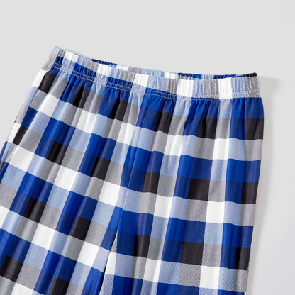 Chic und Stil | "Christmas With My Tribe" Pattern Blue Long Sleeve Shirt with Blue-White-Black Checked Pants Family Matching Pajamas