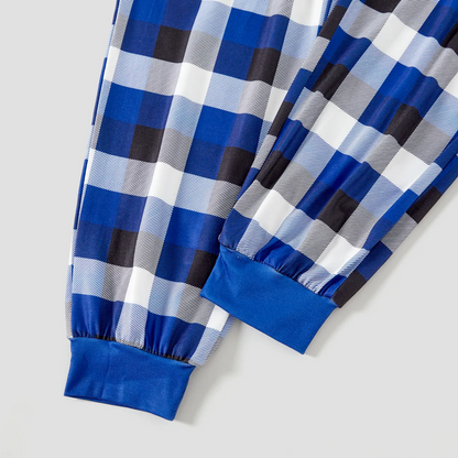 Chic und Stil | Stylish White Letter Print "Believe" Blue Long Sleeve with Blue-White-Black Checked Pants Family Matching Pajamas