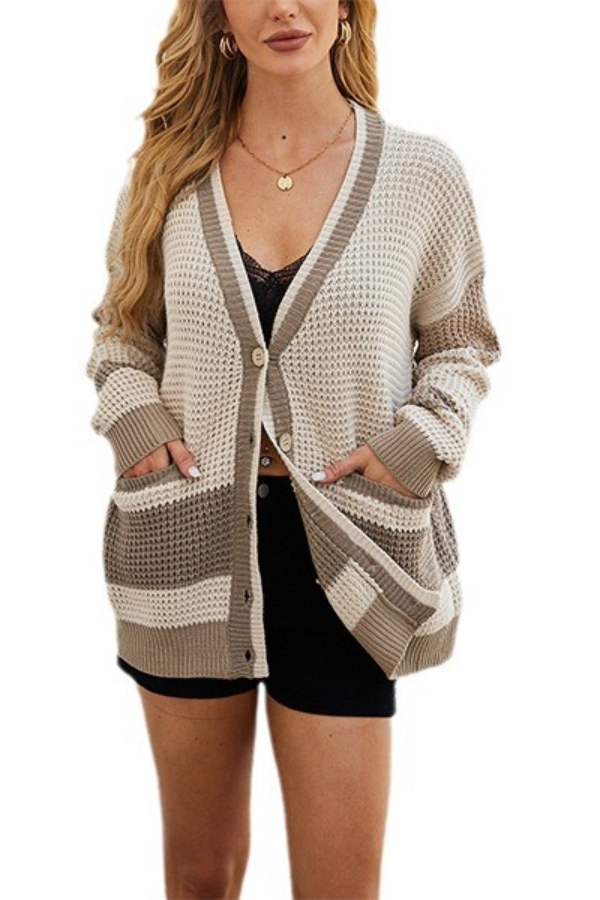 Chic und Stil | Jacket Oversized Pocket Colorblock Cardigan Pullover