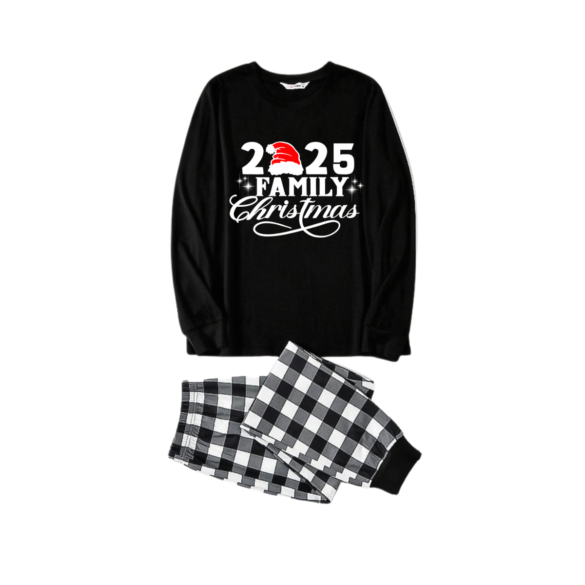 Chic und Stil | "2025 Family Christmas" Letter Print Black Long Sleeve Shirt with Black and White Checkered Pants Family Matching Pajamas