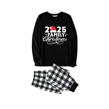 Chic und Stil | "2025 Family Christmas" Letter Print Black Long Sleeve Shirt with Black and White Checkered Pants Family Matching Pajamas