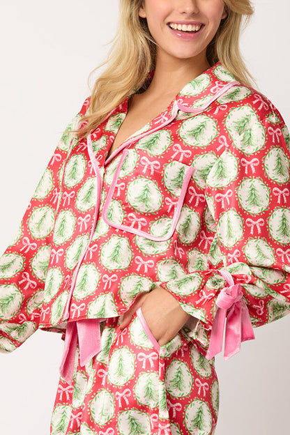 Chic und Stil | Christmas Printed Velvet Lacing Long Sleeve Bag Top and Elastic Waist Pants Set