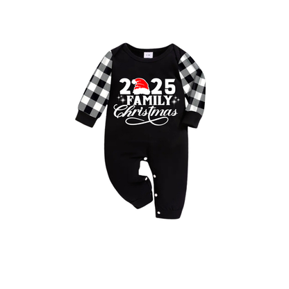 Chic und Stil | "2025 Family Christmas" Letter Print Black Long Sleeve Shirt with Black and White Checkered Pants Family Matching Pajamas