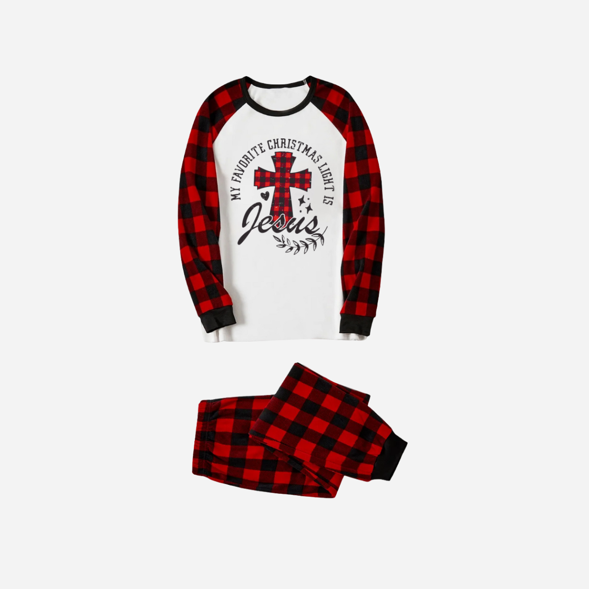 Chic und Stil | My favorite Christmas light is Jesus Family Christmas Pajama Set - White top with red checkered sleeves and red checkered pants