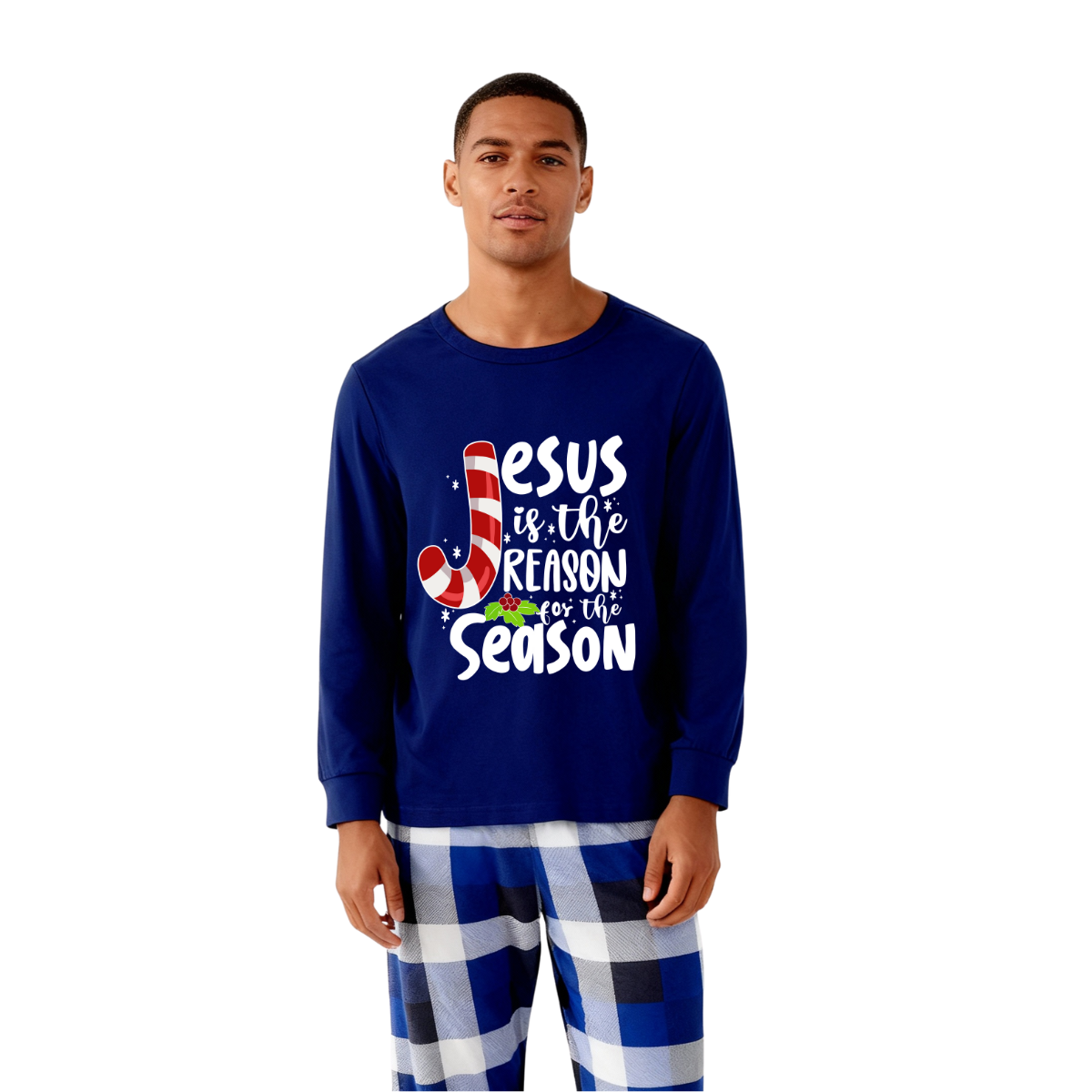 Chic und Stil | Christmas Jesus White Letters Print Contrast Blue Long Sleeve Shirt with Blue and White Checkered Pants Family Matching Pajamas