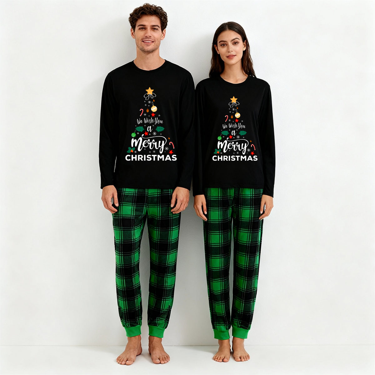 Chic und Stil | "We wish you a Merry Christmas" printed pattern black long-sleeve top with black and green checkered pants family matching pajamas