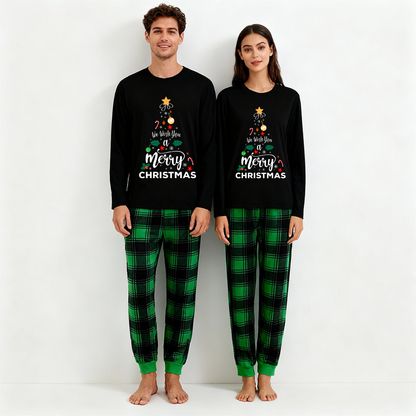 Chic und Stil | "We wish you a Merry Christmas" printed pattern black long-sleeve top with black and green checkered pants family matching pajamas
