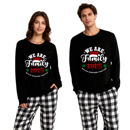 Chic und Stil | "We are Family2025" Santa Hat Monogram Print Black Long Sleeve Shirt with Black and White Checkered Pants Family Matching Pajamas