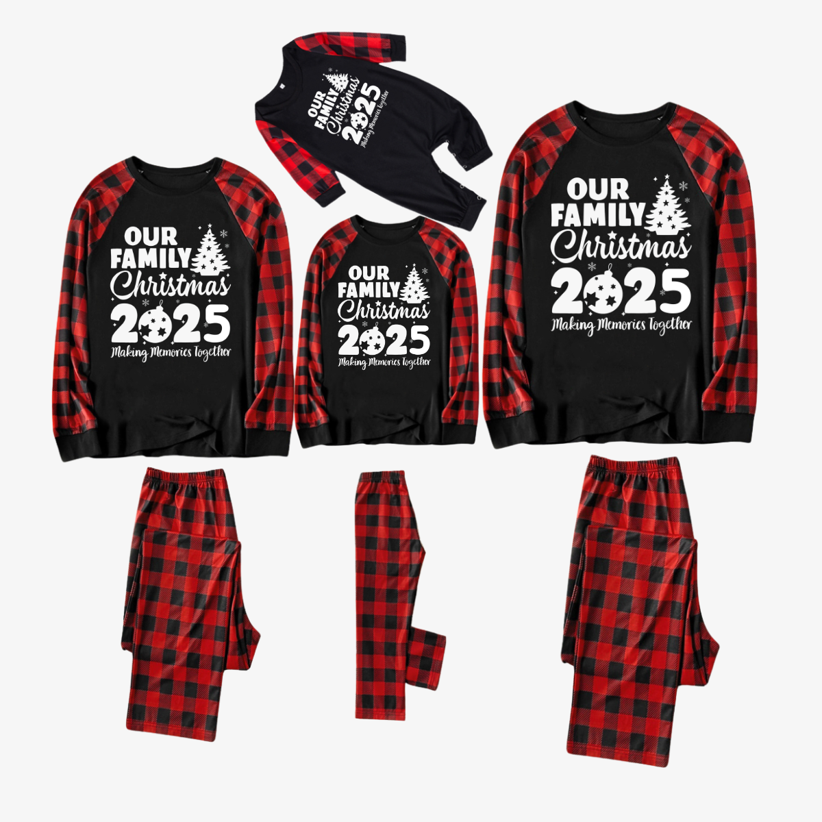 Chic und Stil | Christmas tree & "2025 Creating Memories Together" patterned contrast top and black-red checkered pants family matching pajama set