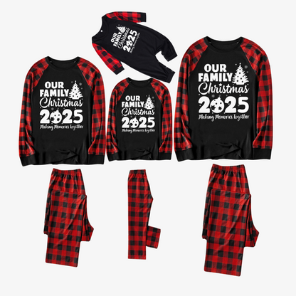 Chic und Stil | Christmas tree & "2025 Creating Memories Together" patterned contrast top and black-red checkered pants family matching pajama set
