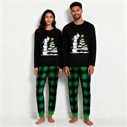 Chic und Stil | Christmas Family Pajama Set - Black Top and Green Checkered Pants with Snowman Comic Print