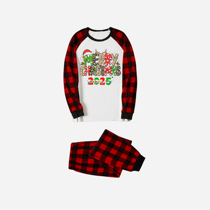 Chic und Stil | Merry Christmas 2025 Family Christmas Pajama Set - White Top with Red Checkered Sleeves and Red Checkered Pants
