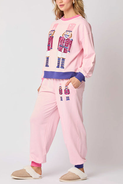 Chic und Stil | Santa Claus Sequin Casual Sweatshirt and Elastic Waist Loose Pocket Pants Set