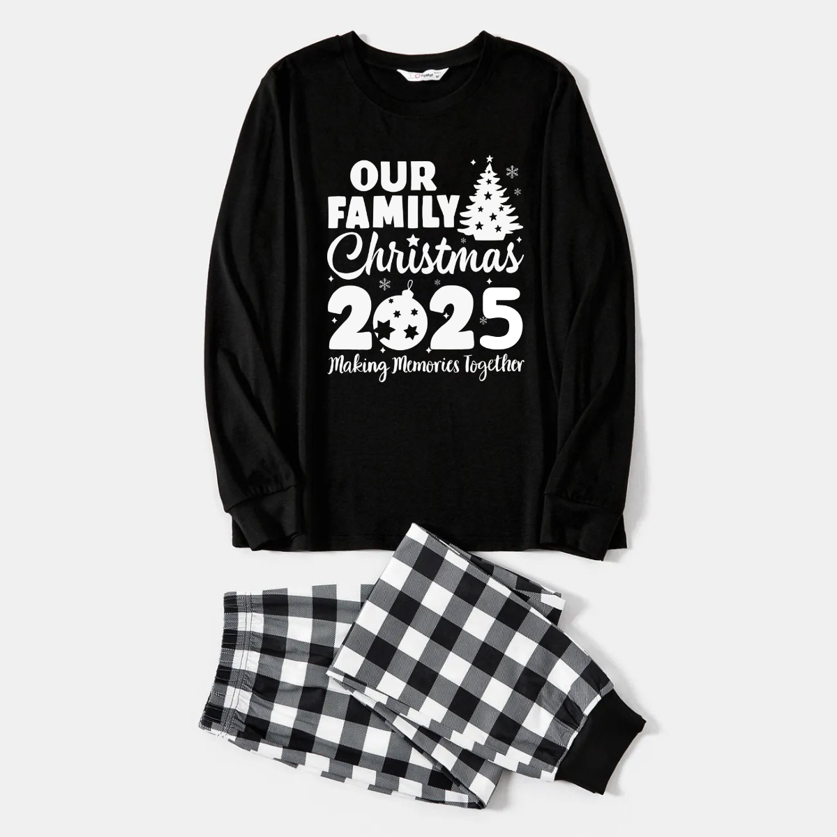 Chic und Stil | Our Family Christmas 2025 Joint Memories' Letter Print Black Long Sleeve Shirt with Black and White Checkered Pants Family Matching Pajamas